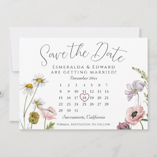 Simple Wild Flower Wedding Calendar Save The Date  (Vorderseite)