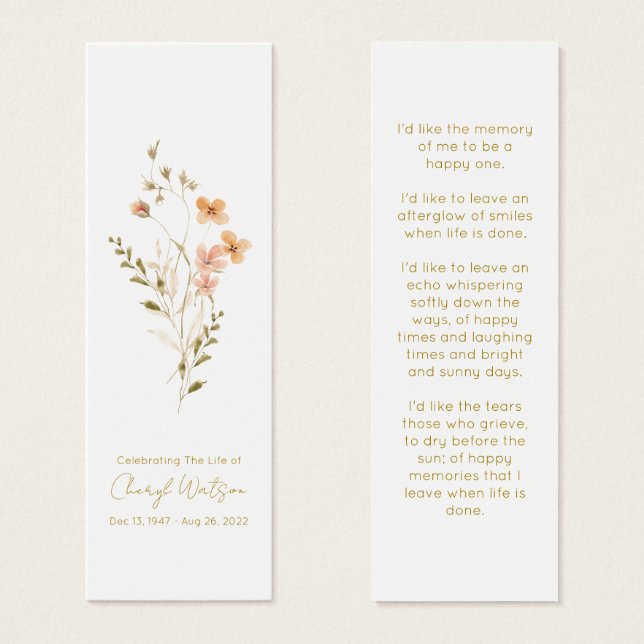 Simple Wildflower Funeral Memorial Bookmark (Vorne & Hinten)