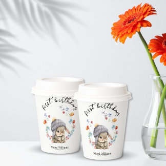 Simple Wildflower Woodland Bunny 1st Birthday  Pappbecher