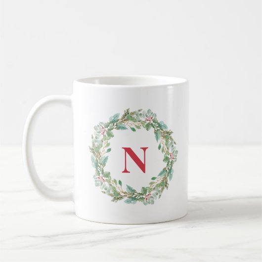 Simple Wreath Red Monogram Modern Christmas Kaffeetasse (Links)