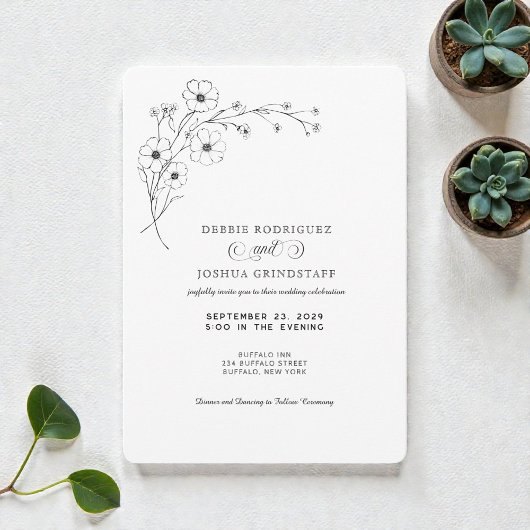 Simplistic Black White Floral Wedding Invitation  Einladung