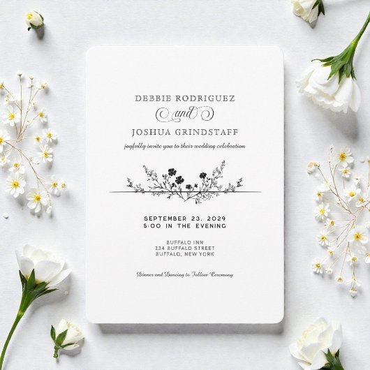 Simplistic Black White Floral Wedding Invitation  Einladung