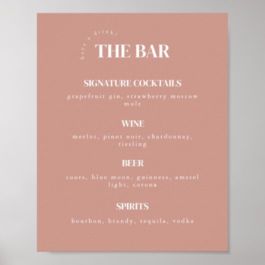Simplistic Dusty Rose Wedding Bar Menu Poster (Vorne)