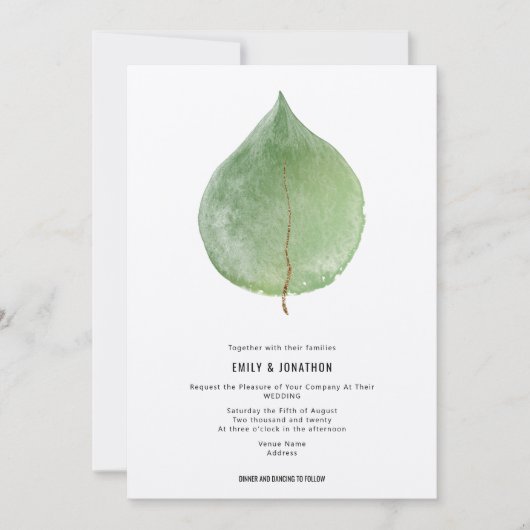 Simplistic Green Eucalyptus Leaf Wedding Einladung (Vorderseite)
