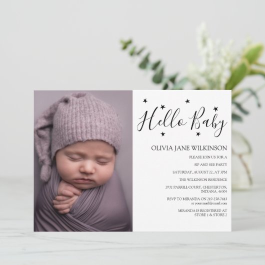 Simplistic Hello Baby | Sip and See Party Einladung (Stehend Vorderseite)
