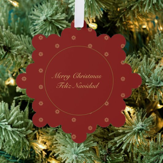 Simplistic Red und Golden Christmas Bilingual Ornament Karte (Insitu (Baum))
