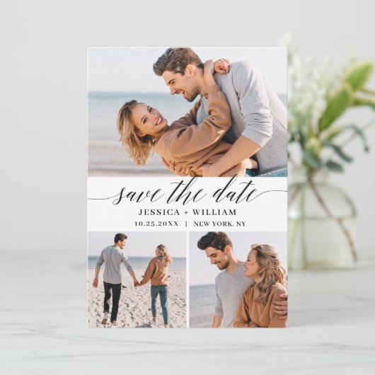 Simply Elegant 3 Photo Wedding Heart Save The Date (Stehend Vorderseite)