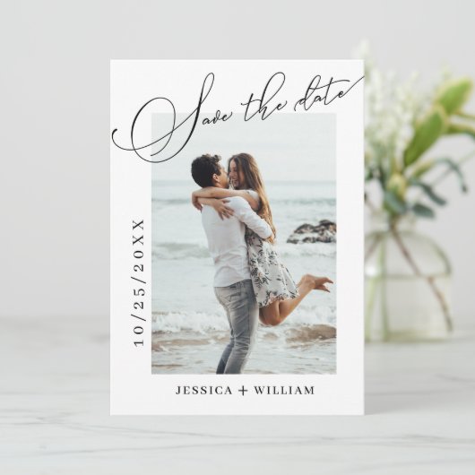 Simply Elegant Calligraphy Wedding Photo Save The Date (Stehend Vorderseite)