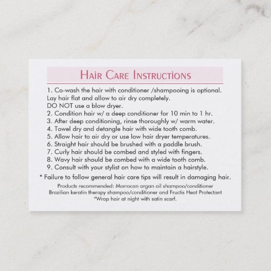 Simplybella-Haar-Sorgfalt-Anweisungen Visitenkarte (Rückseite)