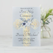 simulated gold foil Holy Cross First Communion Einladung (Stehend Vorderseite)