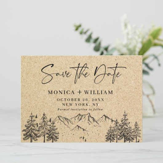 Simulierte Kraft Papier Hand Drawn Mountain Hochze Save The Date (Stehend Vorderseite)