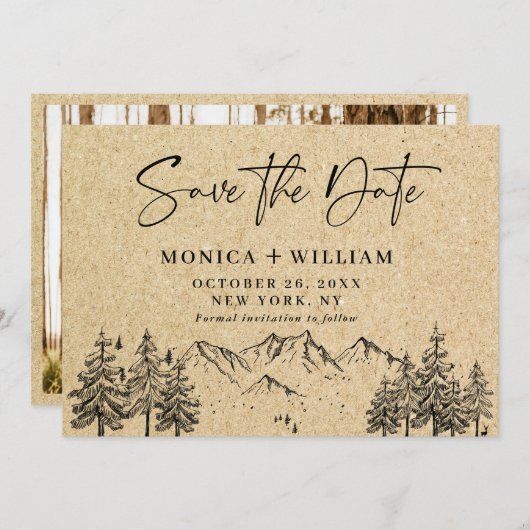 Simulierte Kraft Papier Hand Drawn Mountain Hochze Save The Date (Vorne/Hinten)