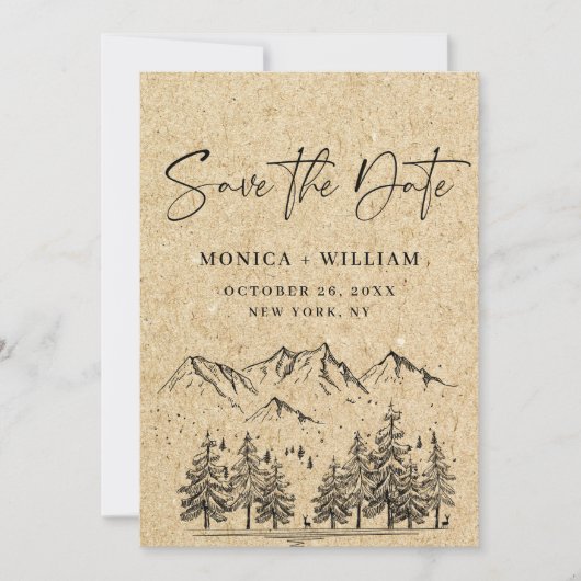 Simulierte Kraft Papier Hand Drawn Mountain Hochze Save The Date (Vorderseite)