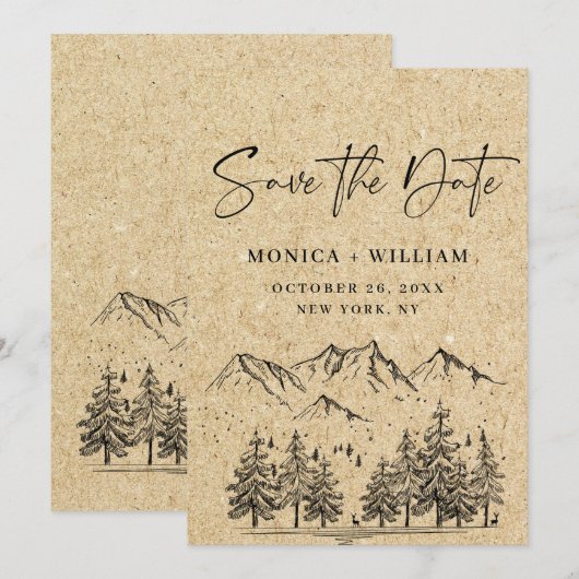 Simulierte Kraft Papier Hand Drawn Mountain Hochze Save The Date (Vorne/Hinten)