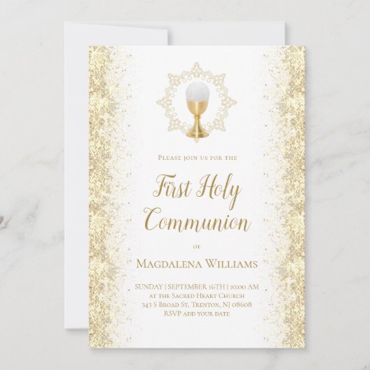 simulierter Glitzer Erste Heilige Kommunion Einladung (Vorderseite)