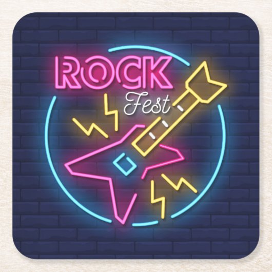 Simuliertes Rock Fest Neon Sign gegen Brick Wall Rechteckiger Pappuntersetzer (Vorderseite)