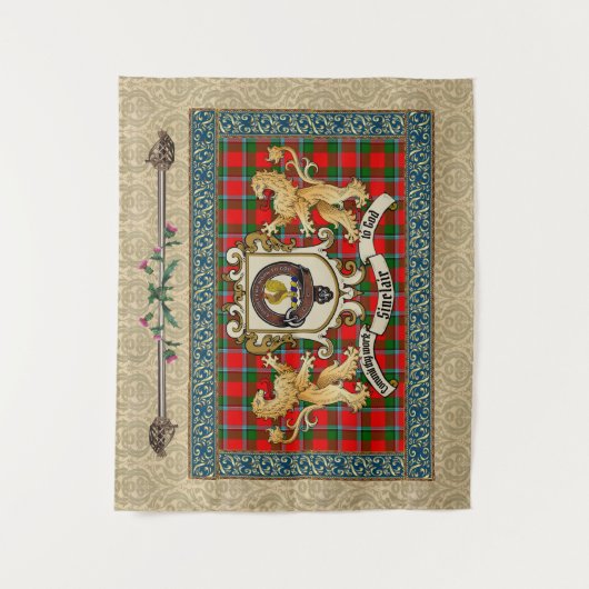 Sinclair Clan Abzeichen & Tartan mit Löwen Wandteppich (Vorderseite)
