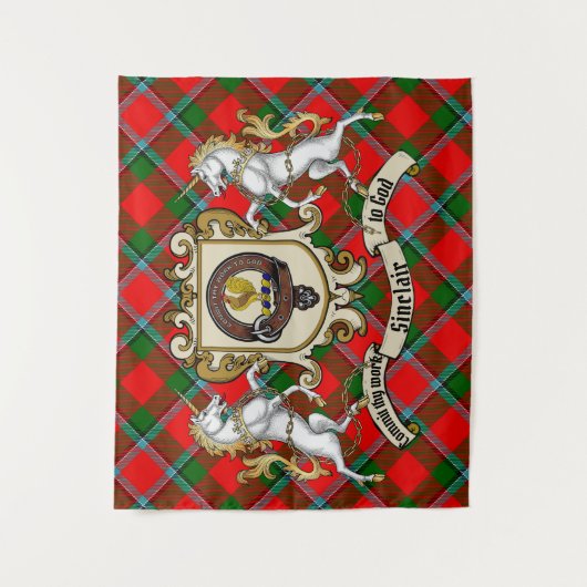 Sinclair Clan Abzeichen & Unicorns w/Tartan Wandteppich (Vorderseite)