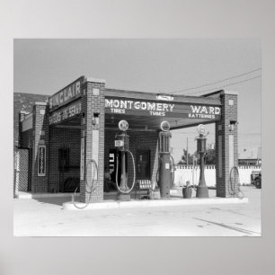 Sinclair-Tankstelle, 1939. Vintage-Foto Poster