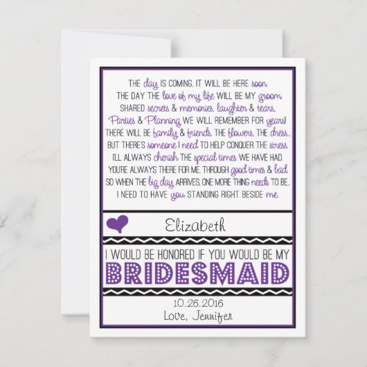 Sind Sie meine Brautjungfer? Lila/schwarzes Einladung (Vorderseite)