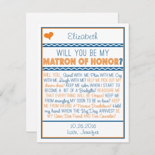 Sind Sie meine Matrone der Ehre? Marine/orange Einladung (Vorne/Hinten)