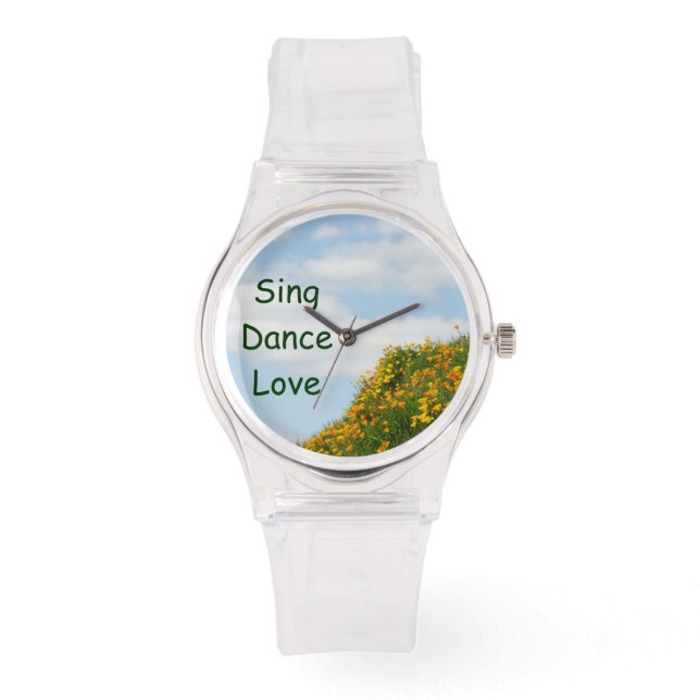 Sing Dance Liebe beobachtet Mohn Blume Wiese Armbanduhr (Vorderseite)