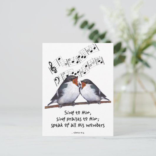 Sing Lob an Gott: Zwei Vögel, Musiknote, Kunst Postkarte (Stehend Vorderseite)