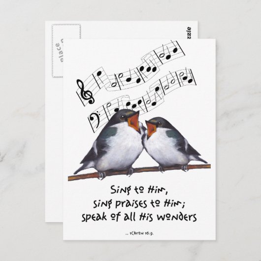 Sing Lob an Gott: Zwei Vögel, Musiknote, Kunst Postkarte (Vorne/Hinten)