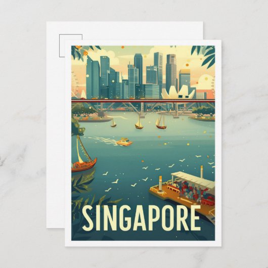 Singapur Art Vintage Travel Illustration Postkarte (Vorne/Hinten)
