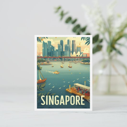Singapur Art Vintage Travel Illustration Postkarte (Stehend Vorderseite)