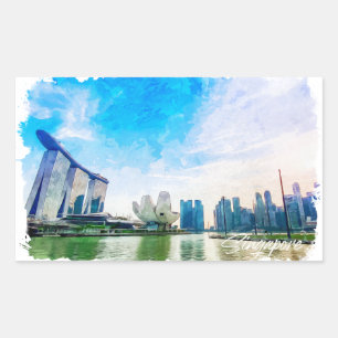 Singapur Asia Panorama View Wasserfarbe Rechteckiger Aufkleber