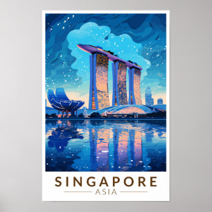 Singapur Marina Bay Nacht Reise Kunst Vintage Poster