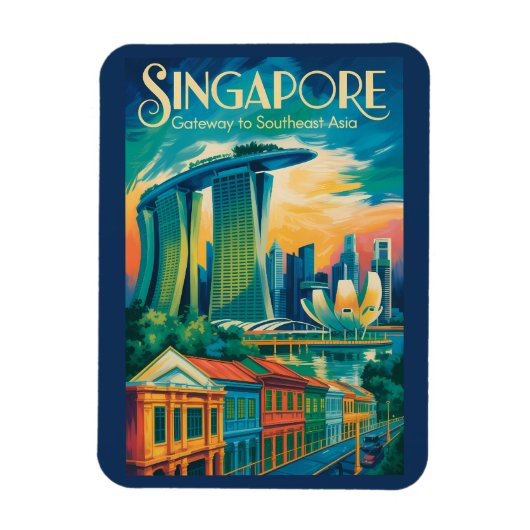 Singapur Skyline Illustration Reise Kunst Vintage Magnet (Vertikal)