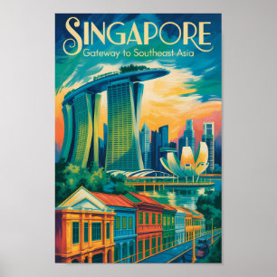Singapur Skyline Illustration Reise Kunst Vintage Poster