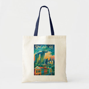 Singapur Skyline Illustration Reise Kunst Vintage Tragetasche