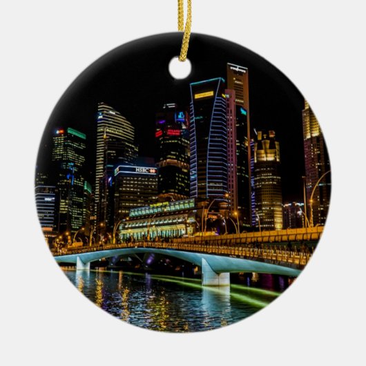 Singapur Skyline, Nachtlicht Keramikornament (Vorne)