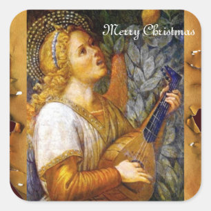 SINGCHRISTMAS ANGEL MACHEN MUSIK ALTE PARCHMENT QUADRATISCHER AUFKLEBER