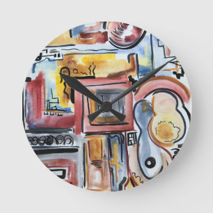 Singen in der Küche - Abstrakte Aquarell-Kunst Runde Wanduhr