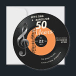 Singen wir 50 Jahre Vintagen Geburtstag Einladung<br><div class="desc">Ein elegantes, musikalisches, gitarrenthematisches, lustiges Geburtstagsgeschenk-Einladungs-Template in Form eines Vinyl-Schallplattens, das einen Musikschnipsel, einen Teil einer Partition und den Titel "Let's Sing & Dance for 50 Years" enthält. Sie können diese Vorlage vollständig bearbeiten. Es wäre eine großartige Geburtstagsfeier für einen Mann oder eine Frau, der/die Lieben macht, zu ihrem 50....</div>