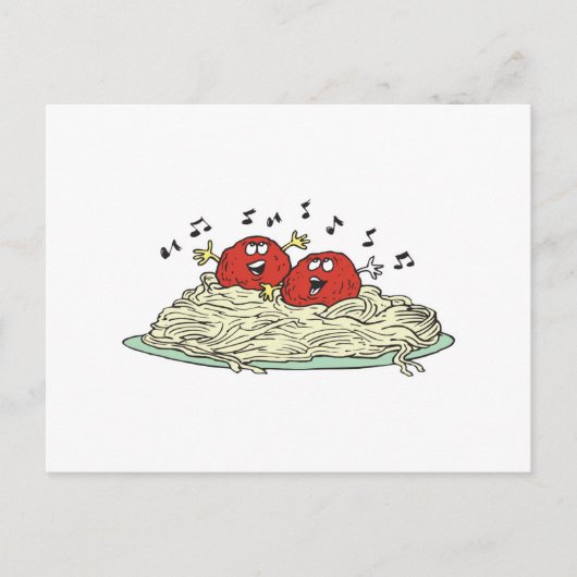 singende Fleischbällchen auf Spaghetti Postkarte (Vorderseite)