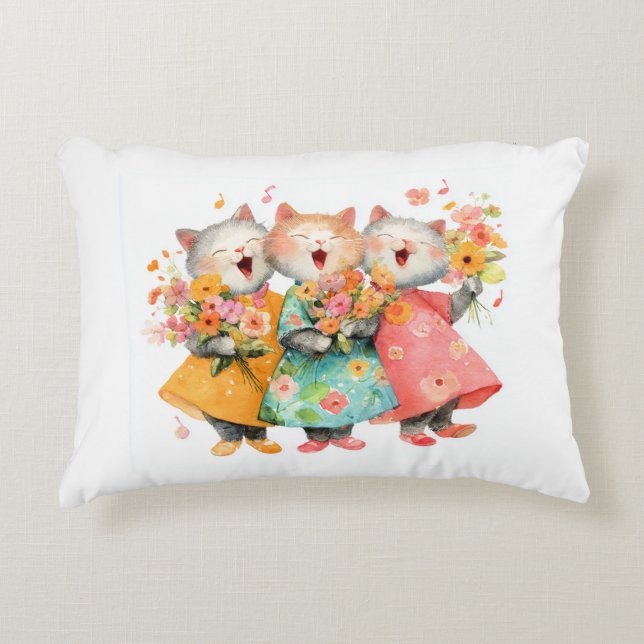 Singende Katzen mit Blumensträußen Dekokissen (Vorderseite)