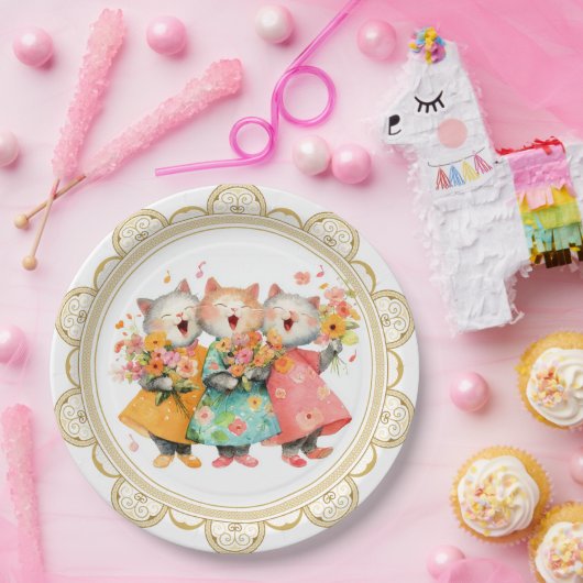 Singende Katzen mit Blumensträußen Pappteller (Party)