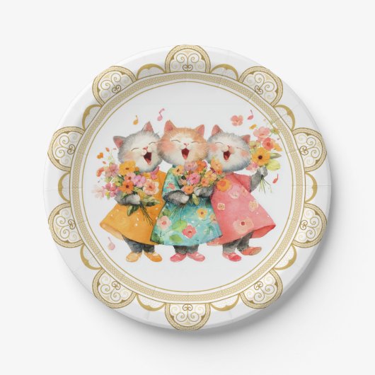Singende Katzen mit Blumensträußen Pappteller (Vorderseite)