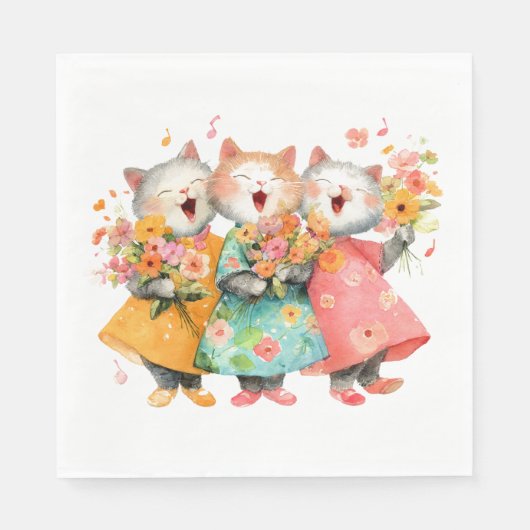 Singende Katzen mit Blumensträußen Serviette (Vorderseite)