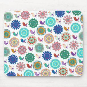 Singing Bird and Mandala Cute Folk Art Pattern Mousepad