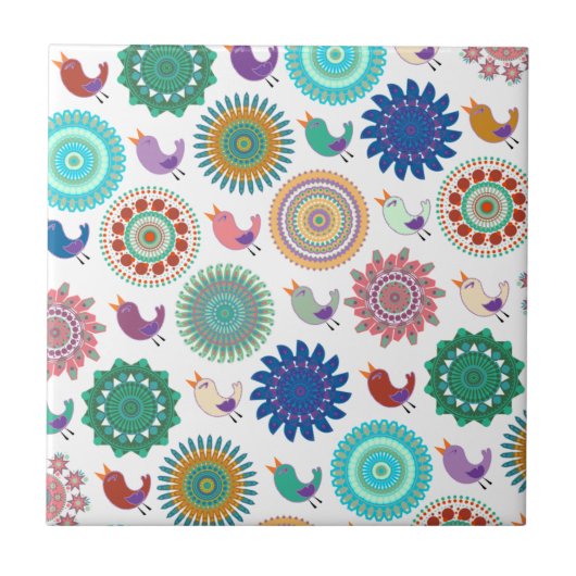 Singing Bird und Mandala Folk Art Pattern Fliese (Vorderseite)