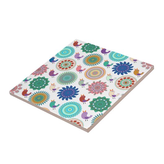 Singing Bird und Mandala Folk Art Pattern Fliese (Seite)