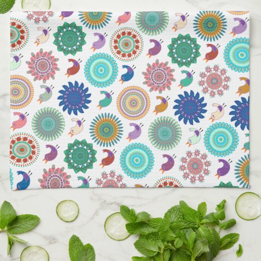 Singing Bird und Mandala Niedliches Folk Art Muste Geschirrtuch (Gefaltet)