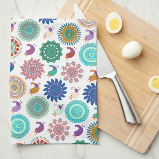 Singing Bird und Mandala Niedliches Folk Art Muste Geschirrtuch (Viertel Falte)