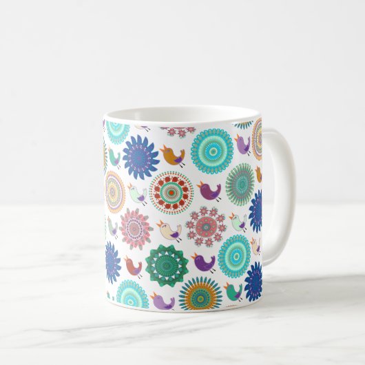 Singing Bird und Mandala Niedliches Folk Art Muste Kaffeetasse (VorderseiteRechts)